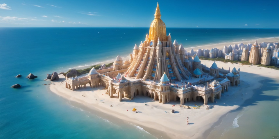  tilt shift, big sand castle sculpture on beach, excellent lighting, super detail, depth of field, masterpiece, best quality, ((high saturation)),((ultra-detailed)), ((miniature_girl), (Satin tone hanfu))