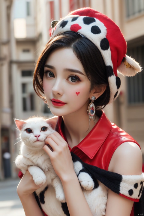  1girl, solo, looking at viewer, blue eyes, hat, full body, lips, makeup, colored skin, facial mark, lipstick, multicolored clothes, red lips, facepaint, jester cap, colorful, multicolored headwear, clown, Light master,holding a cow cat,