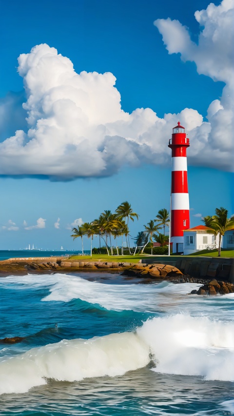 Blue sky and white clouds, waves and beaches, seawalls, red lighthouses, coconut trees, no humans