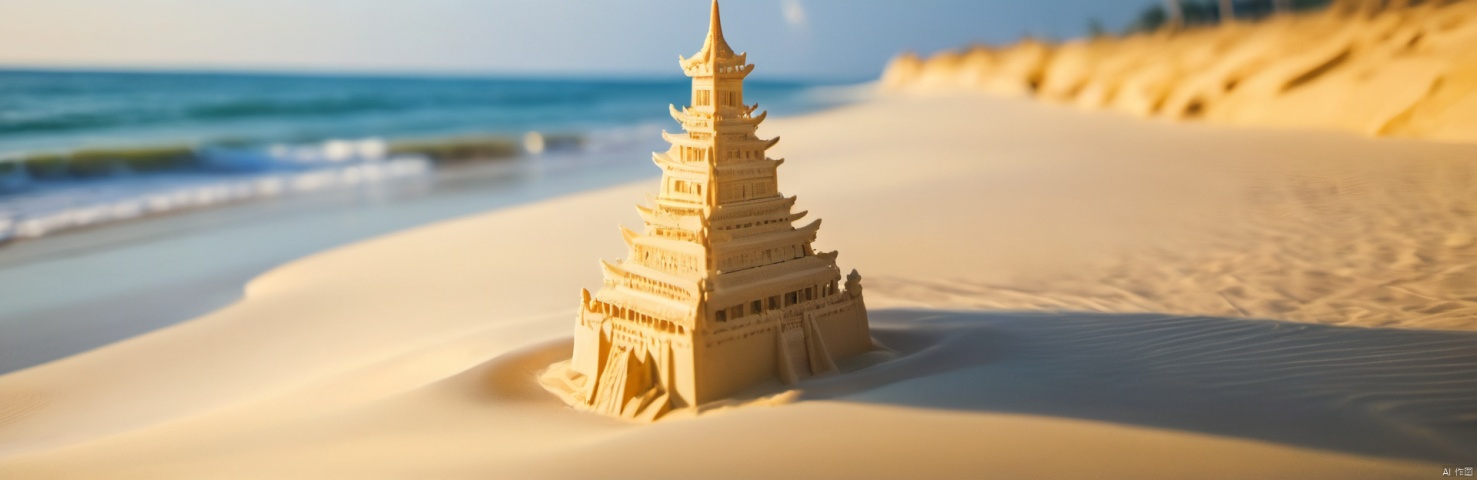  tilt shift, big sand sculpture on beach, excellent lighting, super detail, depth of field, masterpiece, best quality, ((high saturation)),((ultra-detailed)), ((miniature_girl), (Satin tone hanfu))