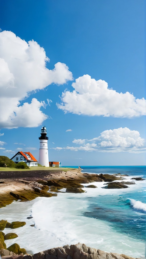 Blue sky and white clouds, waves and beaches, lighthouses, reefs, no humans