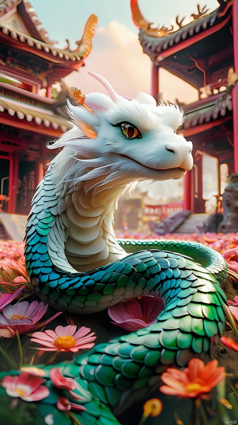  A small white snake with bright green eyes, with a close-up of its eyes. Facing the camera, there are green grass and orange flowers on the ground, with pink petals floating. The sky is red, and there are pavilions and towers in the distance,