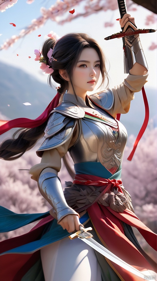 (extremely detailed CG unity 8k wallpaper,masterpiece, best quality, ultra-detailed,absurdres), A martial arts heroine dressed in a gorgeous hundred flower battle robe and armor, with a sword hanging from her waist and a feather tied around her head, is accurately aiming her bow at the target while jumping up in the air, with light and shadow intertwined in the background.