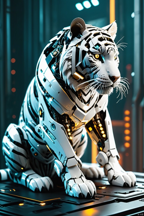 A white tiger, mechanical,from above, the whole body. The tiger is dressed in a mecha, shining brightly, with a cyberpunk background. Looking at the audience, the circuit board,