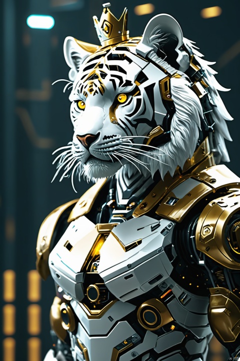 A white tiger with a golden crown on its head, mechanical, and full body. The tiger is dressed in a mecha, shining brightly, with a cyberpunk background. Looking at the audience, the circuit board,