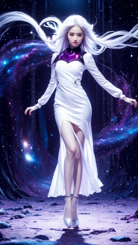  1girl,,white dress,white hair,very long hair,sexy,full body,(hyper_galaxy:1.4),purple tone,(portrait:1.2), jmai