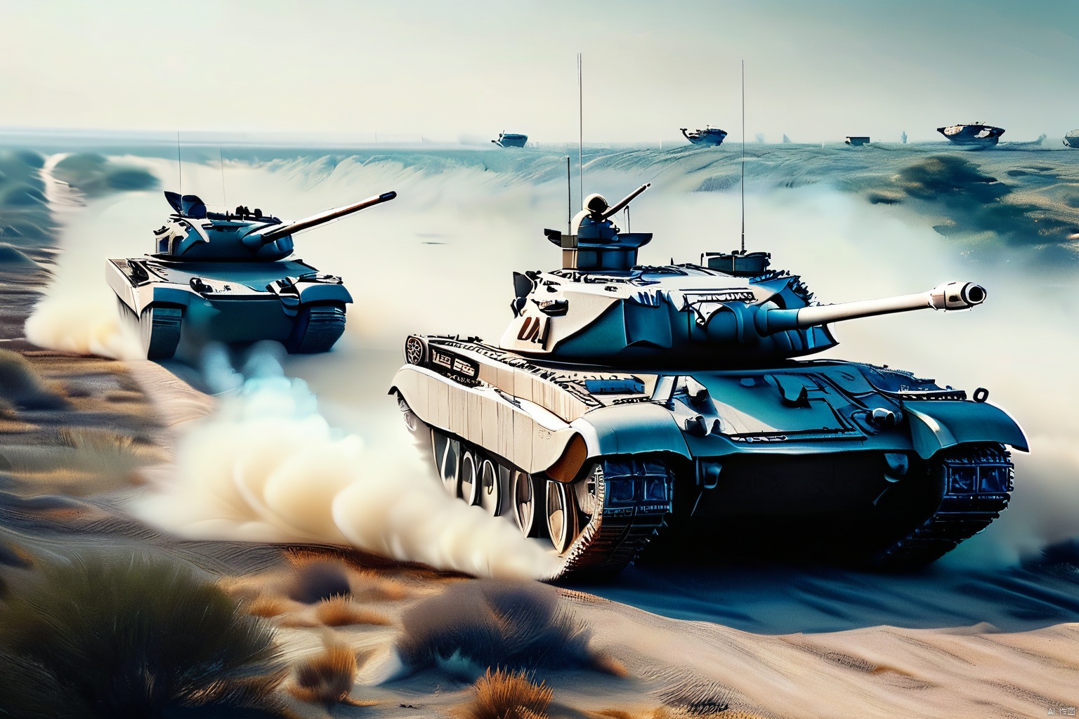  masterpiece, best quality,breathtaking perspectives, movie stills, overhead shot,((the complete picture of five modern main battle tanks, coming from the front)),with sturdy armor and powerful firepower, wide tracks, towering turrets and thick armor plates, 1 machine gun,as well as patterns and details on the tracks, camouflage coating, metallic texture, background with explosive smoke, scattered shells, and enemy tanks in the distance