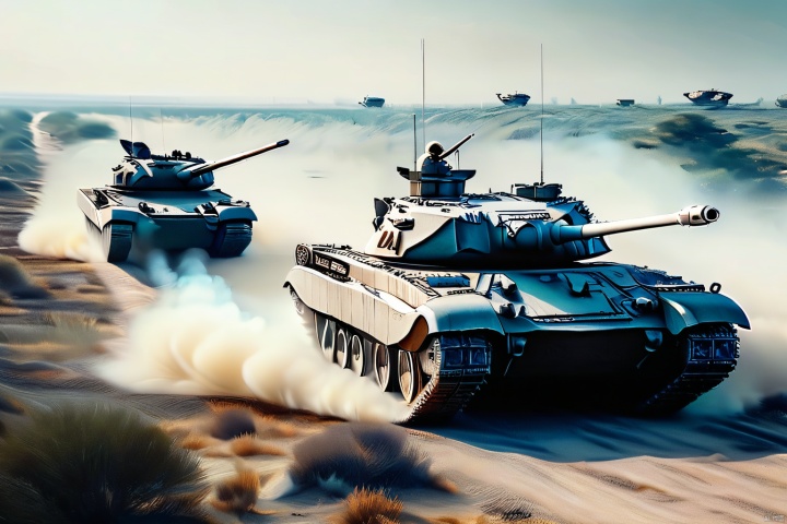  masterpiece, best quality,breathtaking perspectives, movie stills, overhead shot,((the complete picture of five modern main battle tanks, coming from the front)),with sturdy armor and powerful firepower, wide tracks, towering turrets and thick armor plates, 1 machine gun,as well as patterns and details on the tracks, camouflage coating, metallic texture, background with explosive smoke, scattered shells, and enemy tanks in the distance