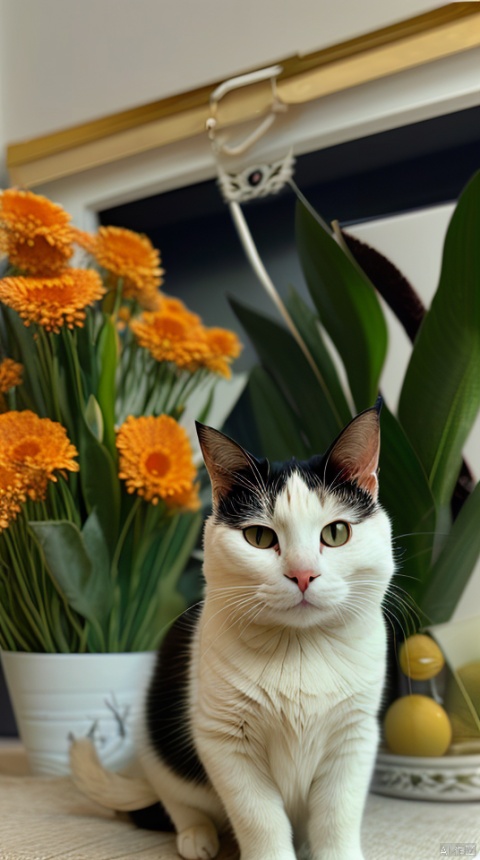 cow cat,orange eyes, solo,gold pendant,colour flowers,