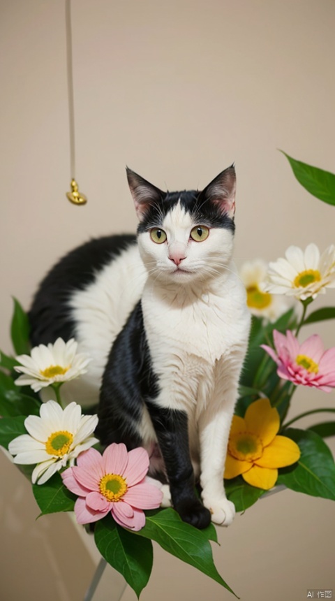 cow cat,orange eyes, solo,gold pendant,colour flowers,no human,floating pink flowers,