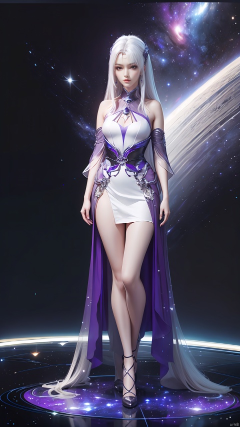  1girl,,white dress,white hair,very long hair,sexy,full body,(hyper_galaxy:1.4),purple tone,(portrait:1.2), jmai
