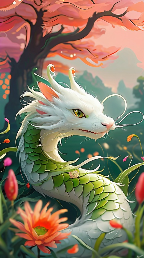 A small white snake with bright green eyes, with a close-up of its eyes. Facing the camera, there are green grass and orange flowers on the ground, with pink petals floating. The sky is red, and there are pavilions and towers in the distance without hair,