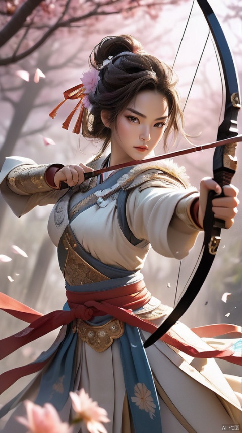  A martial arts heroine dressed in a gorgeous hundred flower battle robe and armor, with a sword hanging from her waist and a feather tied around her head, is accurately aiming her bow at the target while jumping up in the air, with light and shadow intertwined in the background.