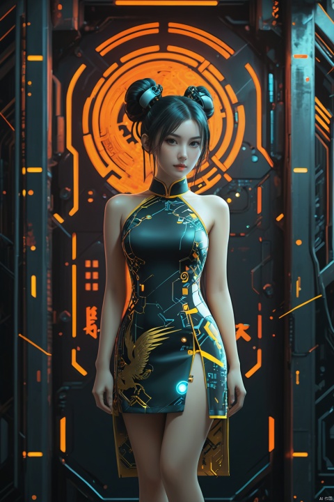 1girl, Mechanical, Full Body,Wearing a bun and a phoenix patterned qipao,Cyberpunk Background, Looking at the viewer, Circuit Board,
