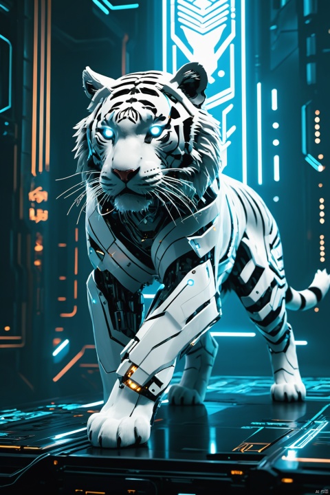 A white tiger, mechanical,from above, the whole body,with an attacking posture, The tiger is dressed in a mecha, shining brightly, with a cyberpunk background. Looking at the audience, the circuit board,