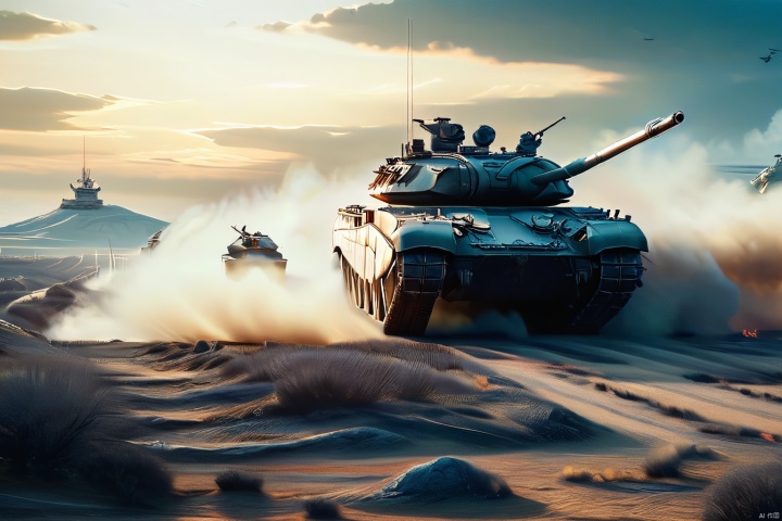  masterpiece, best quality,breathtaking perspectives, movie stills, ((the complete picture of five modern main battle tanks, coming from the front)),with sturdy armor and powerful firepower, wide tracks, towering turrets and thick armor plates, 1 machine gun,as well as patterns and details on the tracks, camouflage coating, metallic texture, background with explosive smoke, scattered shells, and enemy tanks in the distance