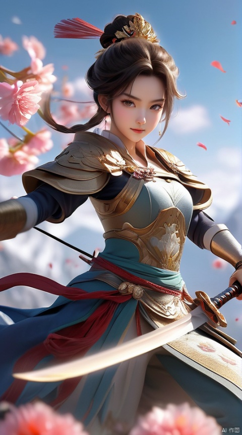 (extremely detailed CG unity 8k wallpaper,masterpiece, best quality, ultra-detailed,absurdres), A martial arts heroine dressed in a gorgeous hundred flower battle robe and armor, with a sword hanging from her waist and a feather tied around her head, is accurately aiming her bow at the target while jumping up in the air, with light and shadow intertwined in the background.