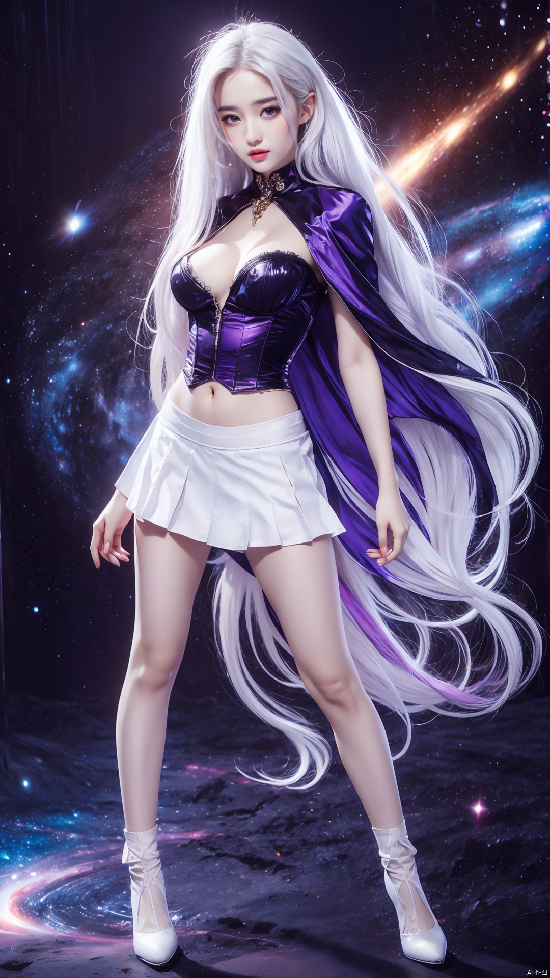  1girl, White corset,Medium breast,white skirt,white hair,very long hair,Sexy,Sex appeal,navel,full body,(hyper_galaxy:1.4),purple tone,(portrait:1.2), jmai