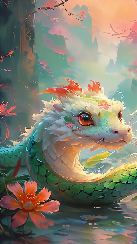 A small snake with white scales, with bright and vivid big green eyes. Close ups of the eyes, facing the camera,full body, grass, orange flowers, floating pink petals, red sky, and distant pavilions and towers