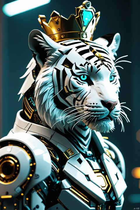 A white tiger with a golden crown on its head, mechanical,from above, full body. The tiger is dressed in a mecha, shining brightly, with a cyberpunk background. Looking at the audience, the circuit board,