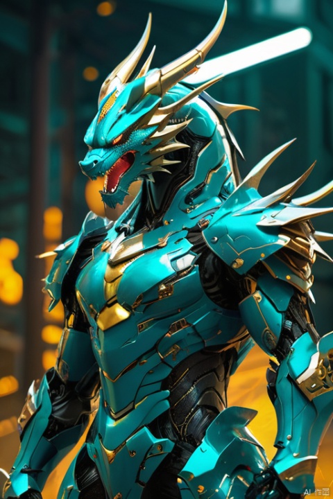 A Chinese cyan dragon, mecha, the whole body,There are golden scales on the chest,cyberpunk background, circuit