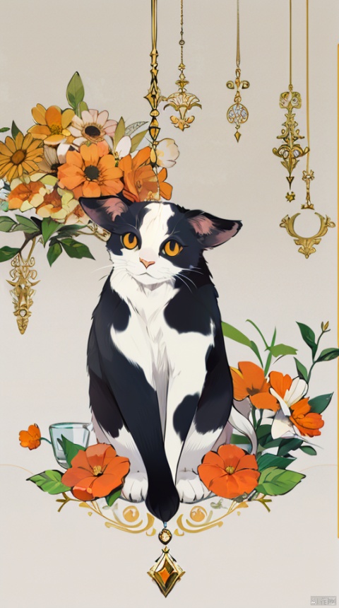 cow cat,orange eyes, solo,gold pendant,colour flowers,no human