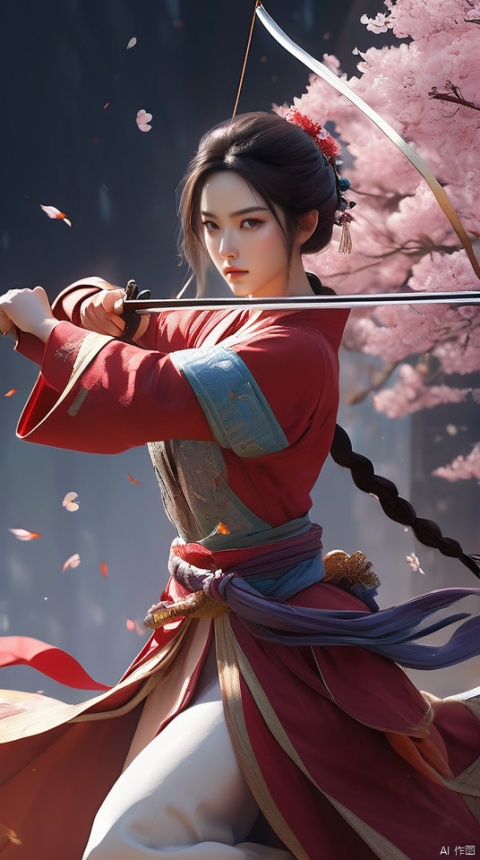  (extremely detailed CG unity 8k wallpaper,masterpiece, best quality, ultra-detailed,absurdres), A martial arts heroine dressed in a gorgeous hundred flower battle robe and armor, with a sword hanging from her waist and a feather tied around her head, is accurately aiming her bow at the target while jumping up in the air, with light and shadow intertwined in the background.