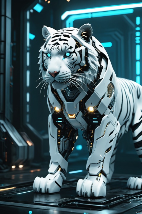  A white tiger, mechanical,from above, the whole body,with an attacking posture, The tiger is dressed in a mecha, shining brightly, with a cyberpunk background. Looking at the audience, the circuit board,