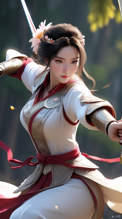  (extremely detailed CG unity 8k wallpaper,masterpiece, best quality, ultra-detailed,absurdres), A martial arts heroine dressed in a gorgeous hundred flower battle robe and armor, with a sword hanging from her waist and a feather tied around her head, is accurately aiming her bow at the target while jumping up in the air, with light and shadow intertwined in the background.