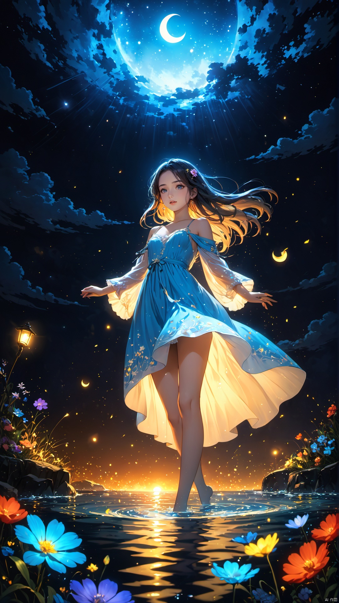  (masterpiece), (best quality), illustration, ultra detailed, hdr, Depth of field, a girl, full body, magic, solo focus, masterpiece, gradient background, summer, star, deep night, wind, flying flowers,colorful flowers, fireflies, crescent moon, 1 girl, blue long hair, Beautiful and meticulous eyes, small breast, beautiful detailed,off shoulder, beautiful dress,long sleeves ,perfect hand, strong rim light, anime screenshot, bare feet, step in water, solo focus, extremely detailed wallpaper,cinematic lighting, painting, girl, glow, Hazy light,Floodlight