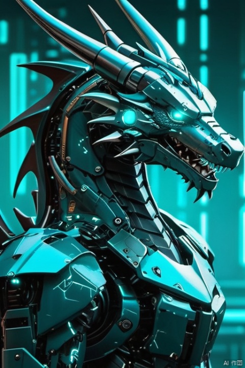 A cyan dragon, mecha, cyberpunk background, circuit