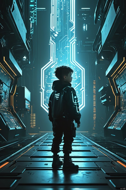 1boy, Mechanical, Full Body, Upward Shooting Angle, Cyberpunk Background, Looking at the Audience, Circuit Board,