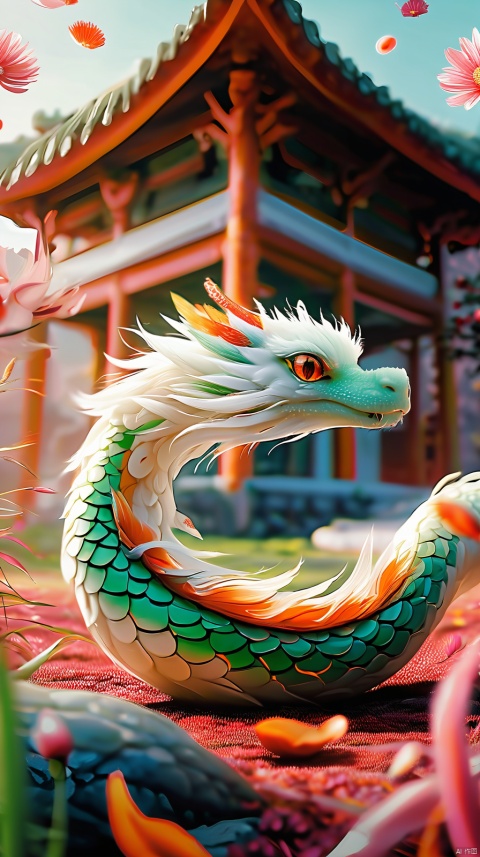 A small white snake with bright green eyes, with a close-up of its eyes. Facing the camera, there are green grass and orange flowers on the ground, with pink petals floating. The sky is red, and there are pavilions and towers in the distance without hair,