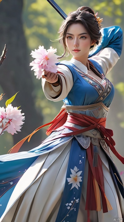  (extremely detailed CG unity 8k wallpaper,masterpiece, best quality, ultra-detailed,absurdres), A martial arts heroine dressed in a gorgeous hundred flower battle robe and armor, with a sword hanging from her waist and a feather tied around her head, is accurately aiming her bow at the target while jumping up in the air, with light and shadow intertwined in the background.