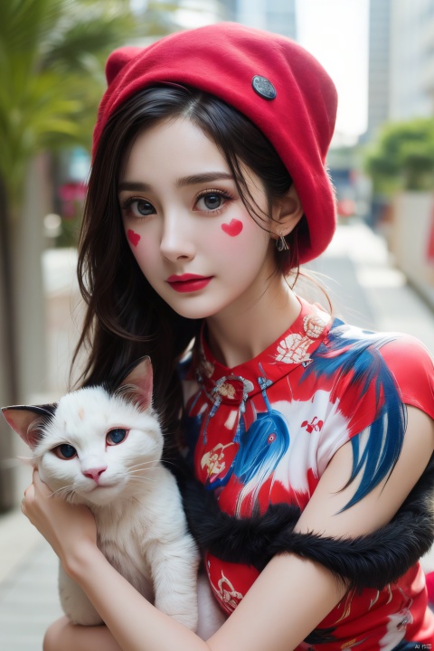  1girl, solo, looking at viewer, blue eyes, hat, full body, lips, makeup, colored skin, facial mark, lipstick, multicolored clothes, red lips, facepaint, jester cap, colorful, multicolored headwear, clown, Light master,holding a cow cat,