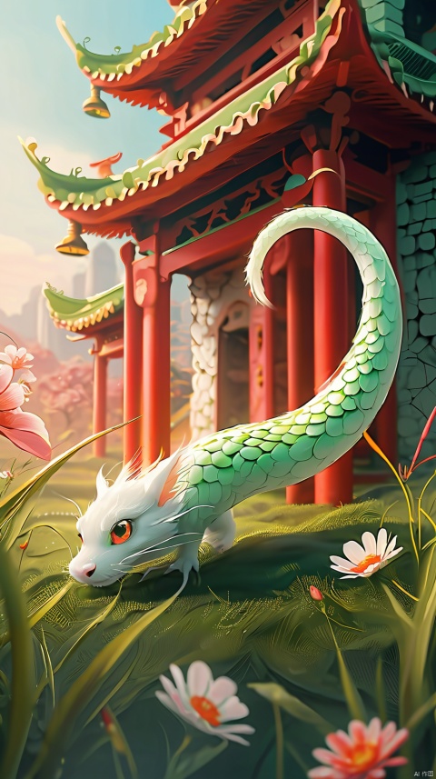 A small white snake with bright green eyes, with a close-up of its eyes. Facing the camera, there are green grass and orange flowers on the ground, with pink petals floating. The sky is red, and there are pavilions and towers in the distance without hair,