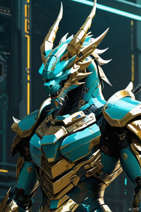 A Chinese cyan dragon, mecha, the whole body,There are golden scales on the chest,facing the viewer,surround by the cyberpunk background, circuit