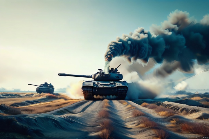  masterpiece, best quality,breathtaking perspectives, movie stills, bold graphics	,overhead shot,((the complete picture of five modern main battle tanks, coming from the front)),with sturdy armor and powerful firepower, wide tracks, towering turrets and thick armor plates, 1 machine gun,as well as patterns and details on the tracks, camouflage coating, metallic texture, background with explosive smoke, scattered shells, and enemy tanks in the distance