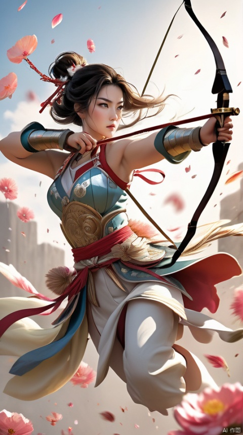 A martial arts heroine dressed in a gorgeous hundred flower battle robe and armor, with a sword hanging from her waist and a feather tied around her head, is accurately aiming her bow at the target while jumping up in the air, with light and shadow intertwined in the background.