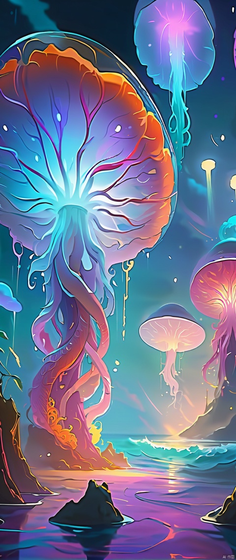 vibrant colors, surreal lighting, surreal atmosphere, glowing tentacles, transparent bodies, floating in the sky, underwater structures, bioluminescent organisms, dreamlike surroundings.