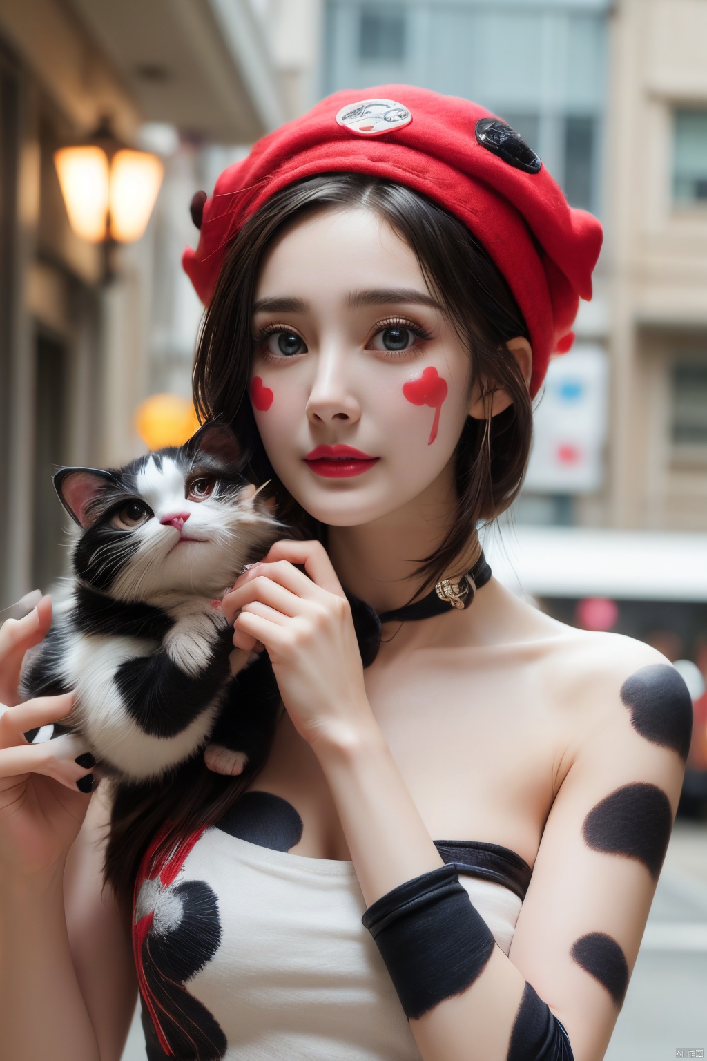  1girl, solo, looking at viewer, blue eyes, hat, full body, lips, makeup, colored skin, facial mark, lipstick, multicolored clothes, red lips, facepaint, jester cap, colorful, multicolored headwear, clown, Light master, xiqing,holding a cow cat,
