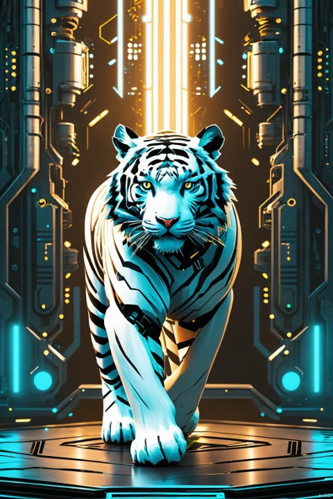  A white tiger, mechanical,from above, the whole body,with an attacking posture, The tiger is dressed in a mecha, shining brightly, with a cyberpunk background. Looking at the audience, the circuit board,