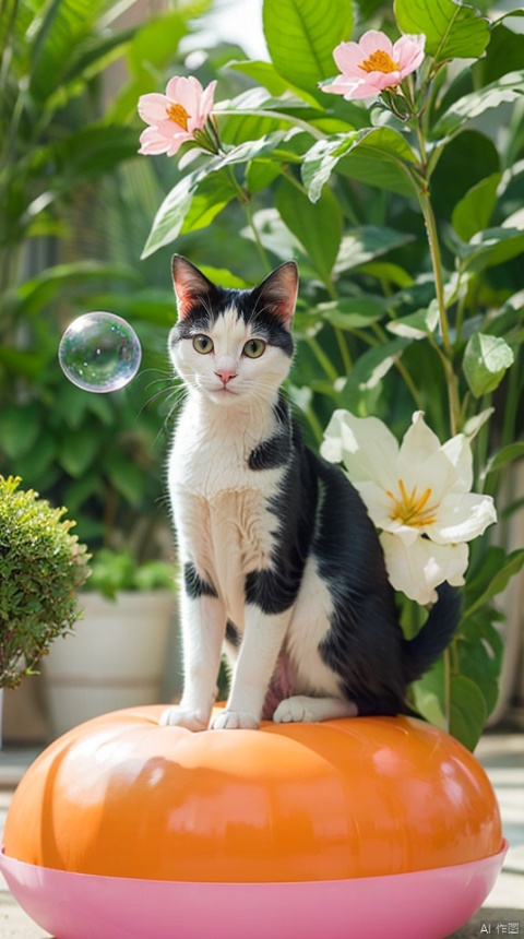 cow cat,orange eyes, solo,gold pendant,colour flowers,no human,floating pink flowers,ethereal atmosphere,colorful bubblep,lush vegetation