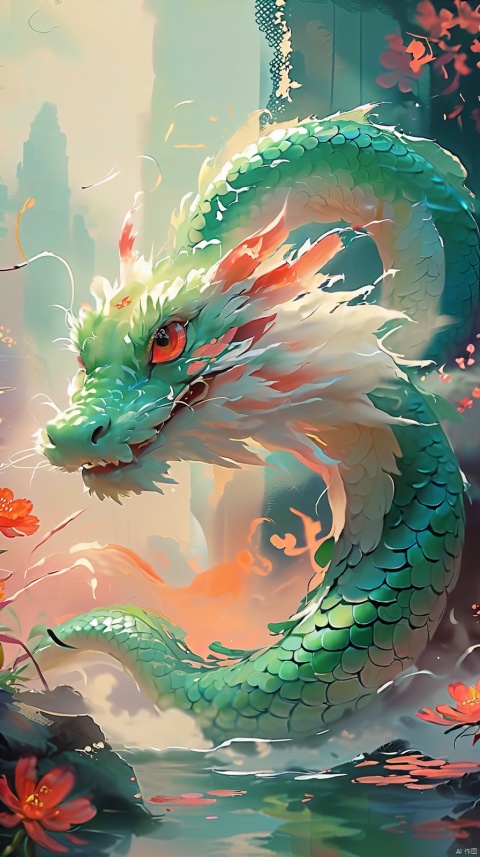  A small snake with white scales, with bright and vivid big green eyes. Close ups of the eyes, facing the camera,full body, grass, orange flowers, floating pink petals, red sky, and distant pavilions and towers