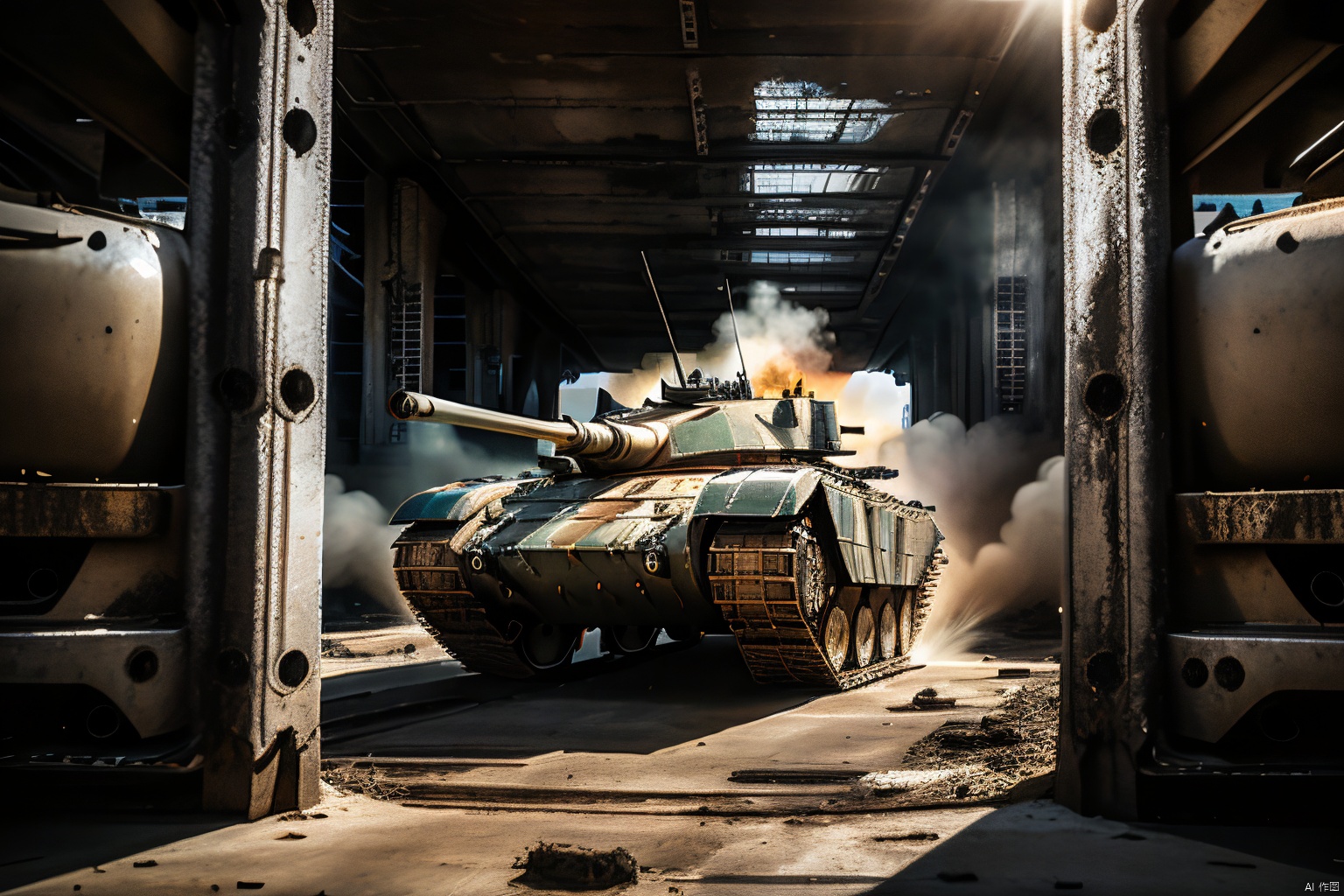  masterpiece, best quality,breathtaking perspectives, movie stills, ((the complete picture of five modern main battle tanks, coming from the front)),with sturdy armor and powerful firepower, wide tracks, towering turrets and thick armor plates, 1 machine gun,as well as patterns and details on the tracks, camouflage coating, metallic texture, background with explosive smoke, scattered shells, and enemy tanks in the distance