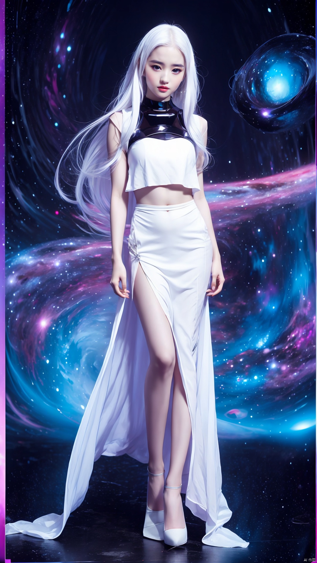  1girl,,white dress,white hair,very long hair,Sexy,Sex appeal,navel,full body,(hyper_galaxy:1.4),purple tone,(portrait:1.2), jmai