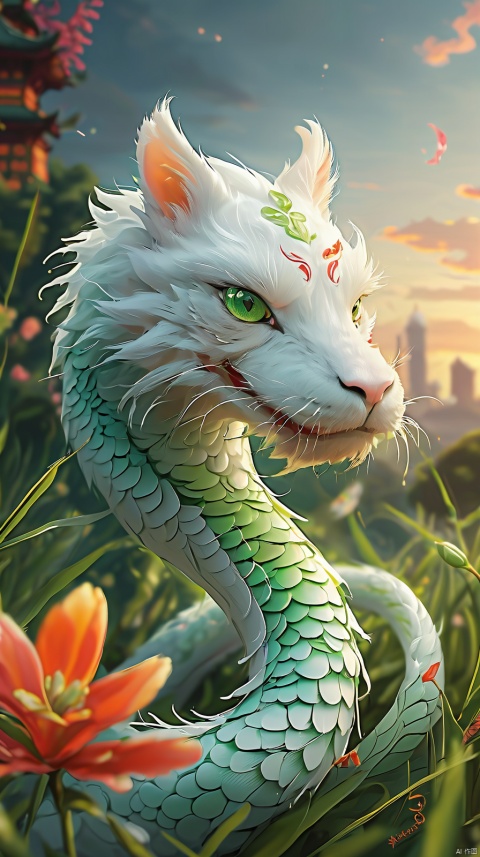  A small white snake with, with bright and vivid big green eyes. Close ups of the eyes, facing the camera,full body, grass, orange flowers, floating pink petals, red sky, and distant pavilions and towers
