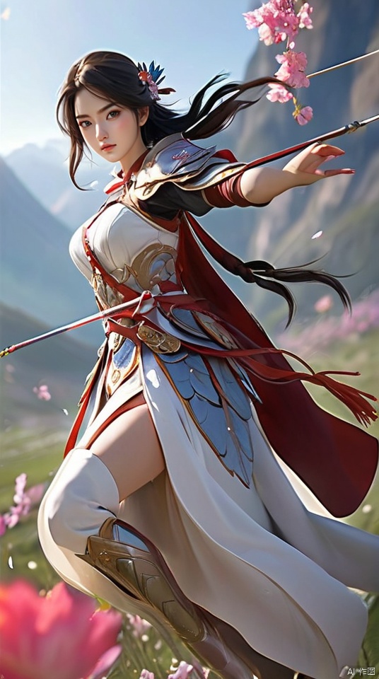  (extremely detailed CG unity 8k wallpaper,masterpiece, best quality, ultra-detailed,absurdres), A martial arts heroine dressed in a gorgeous hundred flower battle robe and armor, with a sword hanging from her waist and a feather tied around her head, is accurately aiming her bow at the target while jumping up in the air, with light and shadow intertwined in the background.