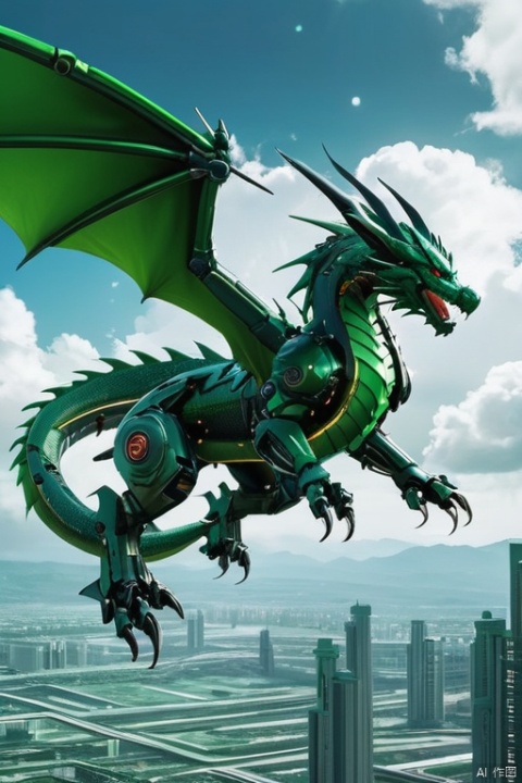 A green dragon, mecha, hovering, auspicious clouds, cyberpunk background, circuit