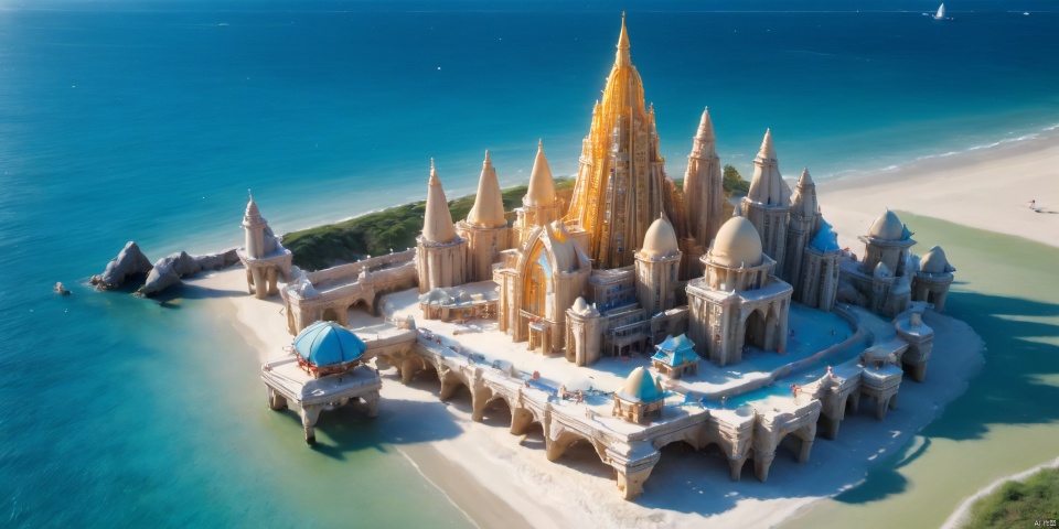  tilt shift, big sand castle sculpture on beach, excellent lighting, super detail, depth of field, masterpiece, best quality, ((high saturation)),((ultra-detailed)), ((miniature_girl), (Satin tone hanfu))